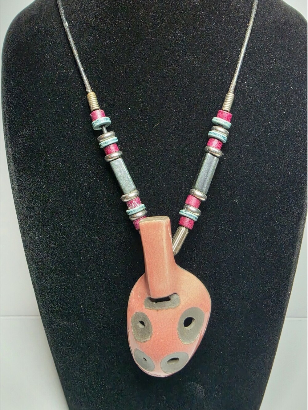 Vintage Ceramic Ocarina Pendant Necklace Handcrafted Clay Flute Musical Bead